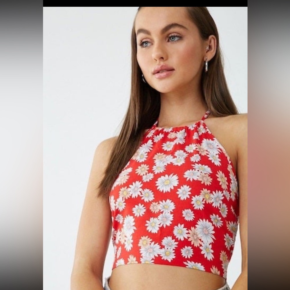 Forever 21 Daisy Print Cropped Halter Top
